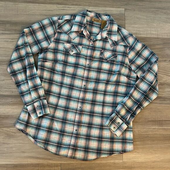 Wrangler Western Plaid Blue Pink Snap Button Front Shirt - Picture 1 of 11